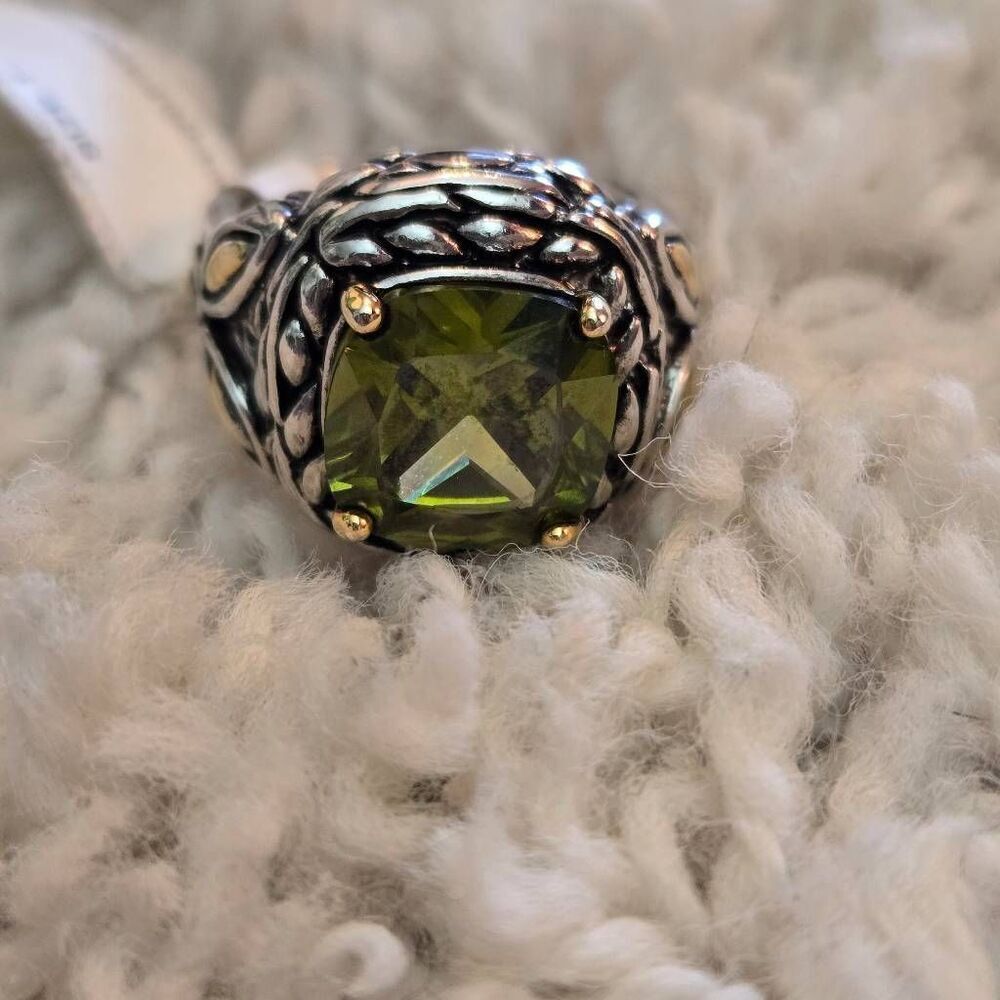 NEW Faux Peridot Stone Silver + Gold Tone Ring Size 7